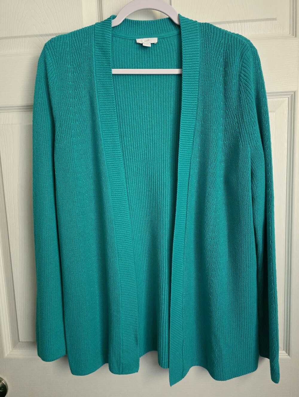 J. Jill Teal Open Front Knit Cardigan Sweater Size M 100% Cotton Ribbed Trim